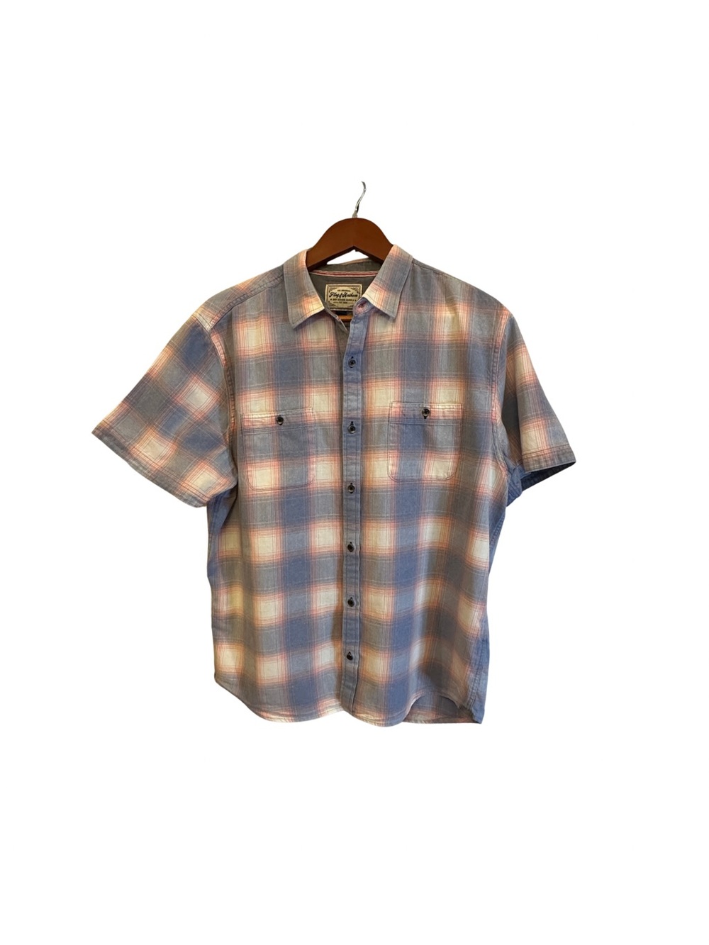 Flag & Anthem Blue/Coral Plaid 100% Cotton Short-Sleeve Button-Down Shirt-Size L